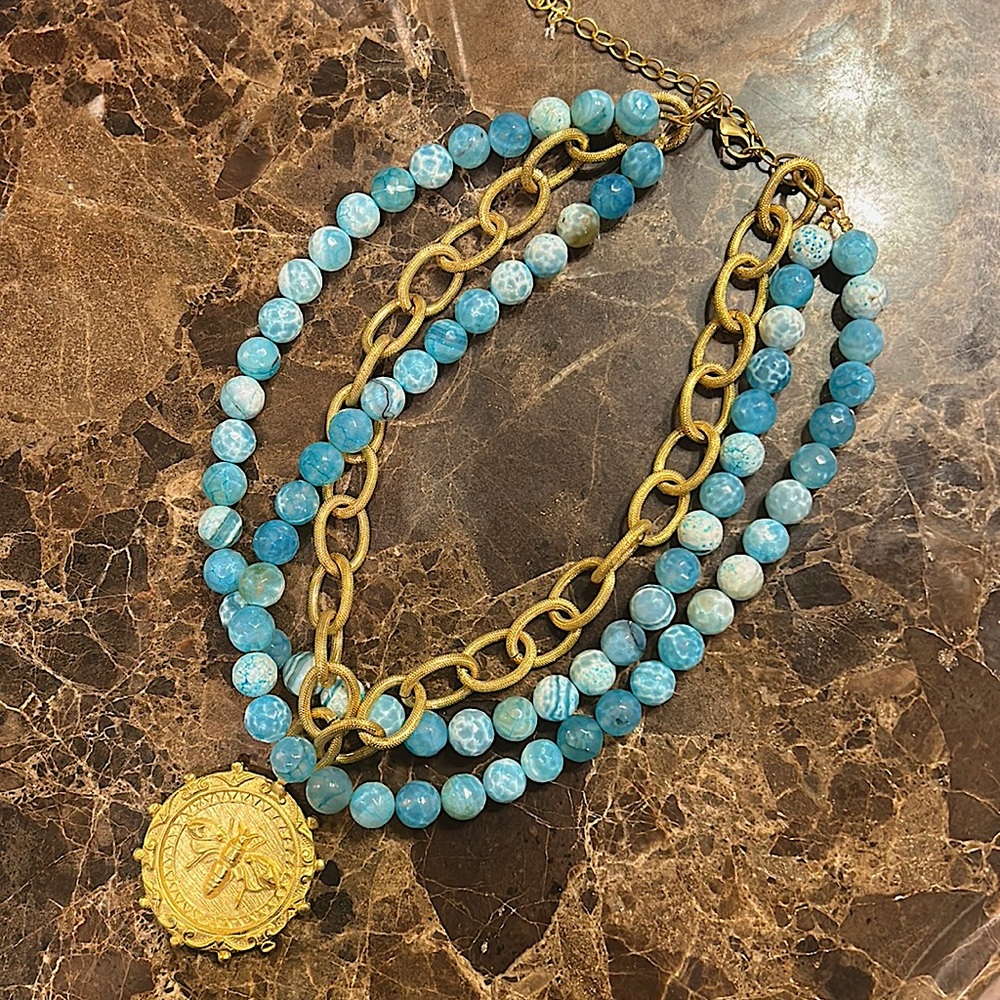 Susan Shaw Gold Bee on Genuine Multi Strand Fire Agate Necklace